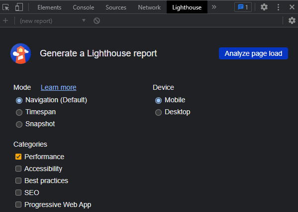 google lighthouse tab in inspector